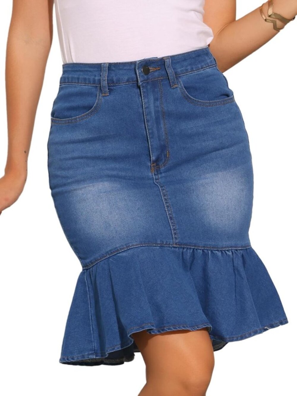 Summer Bodycon Fishtail Ruffled Denim Skirt for Women - Knee Length Jean Skirt
